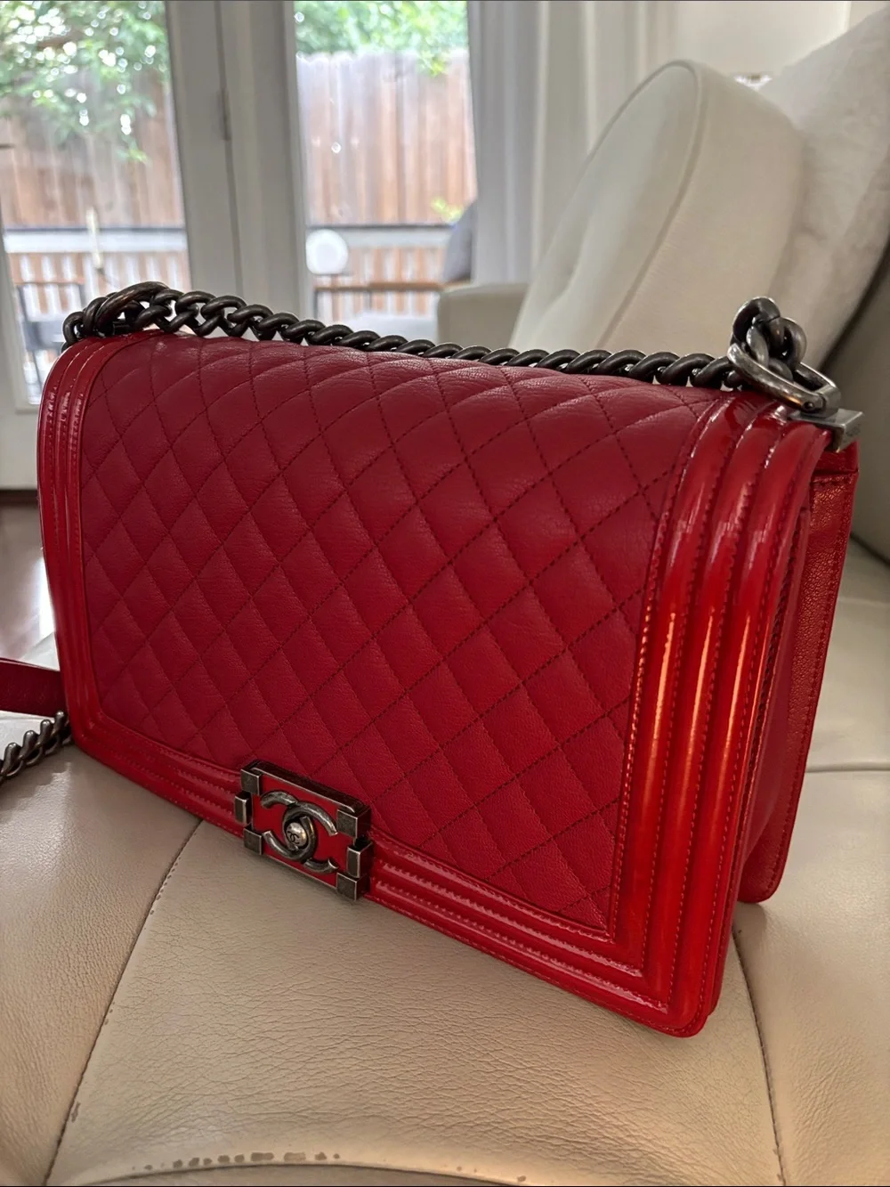 CHANEL Boy Red Quilted Leather Shoulder Bag with Chain Strap- Medium